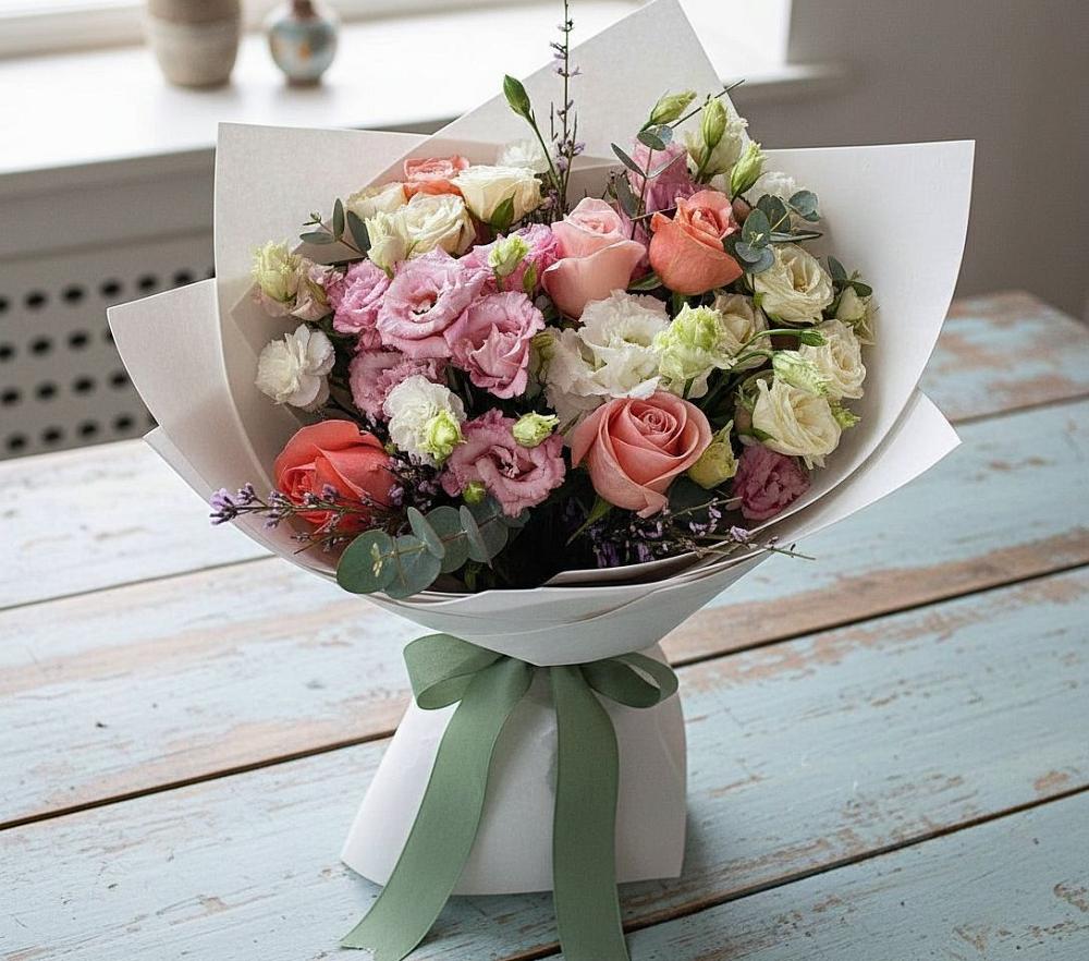 Букет цветов из: Розы, Лизиантусы и Гвоздики в Уразово