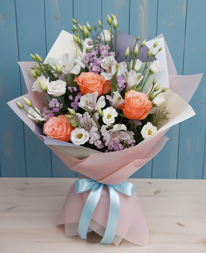 Букет цветов из: Лизиантусы, Розы, Альстромерии и Гипсофила в Уразово